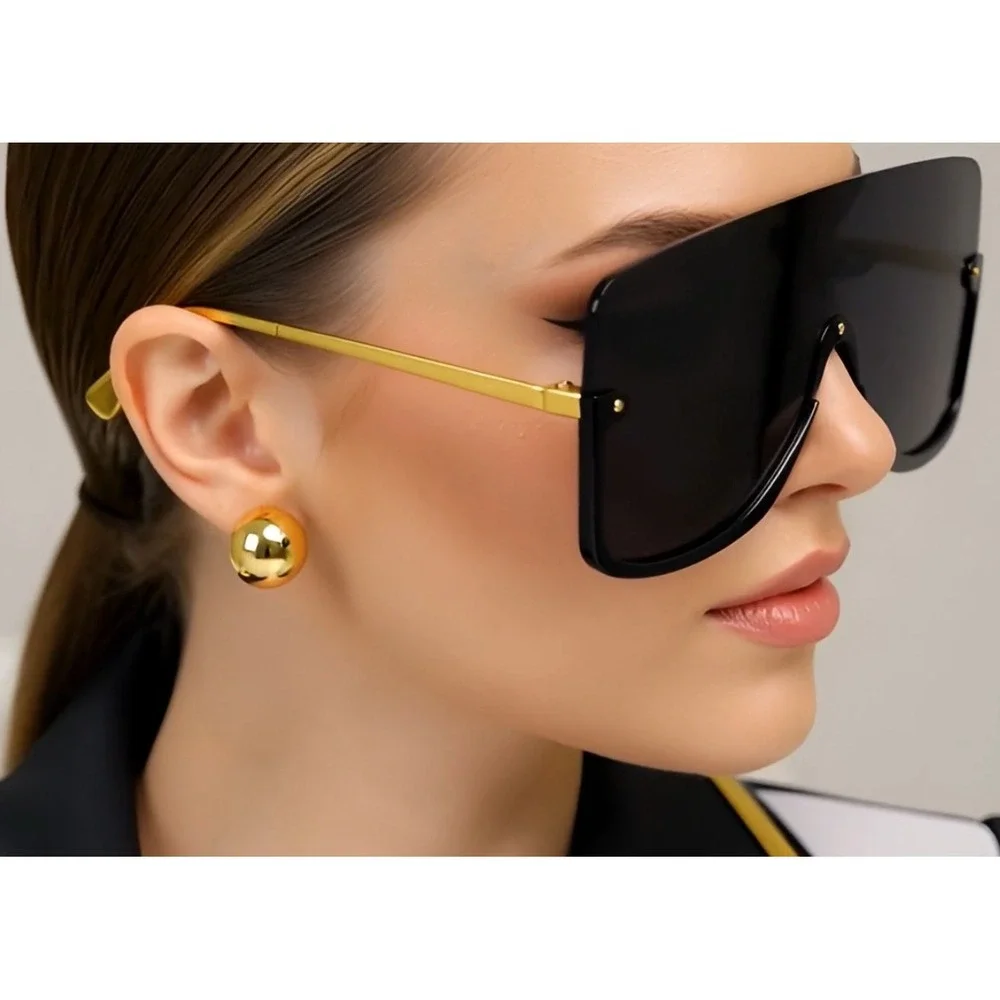 Sunglasses Women Gold Tone Metal Frame UV400 Dark Lenses One piece Driving Gafas - Picture 4 of 10